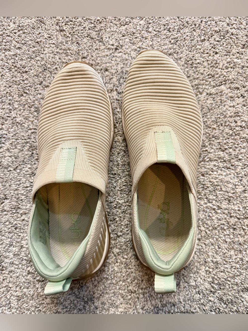 Ryka Beige Knit Slip-On Sneakers with Mint Trim